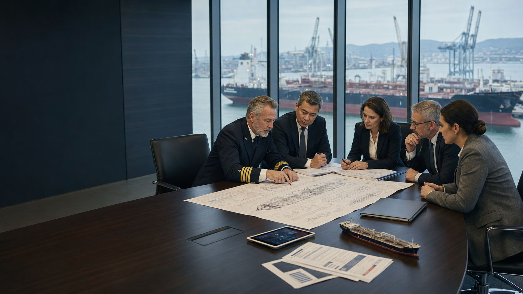 Maritime experts reviewing tanker plans in a port-side advisory meeting