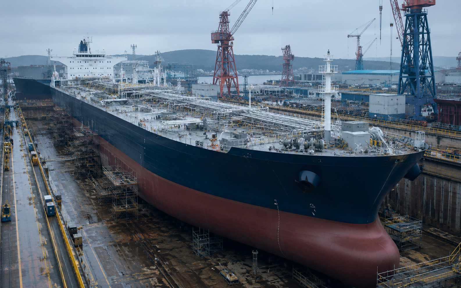 MR product and chemical tanker under construction in a shipyard dry dock