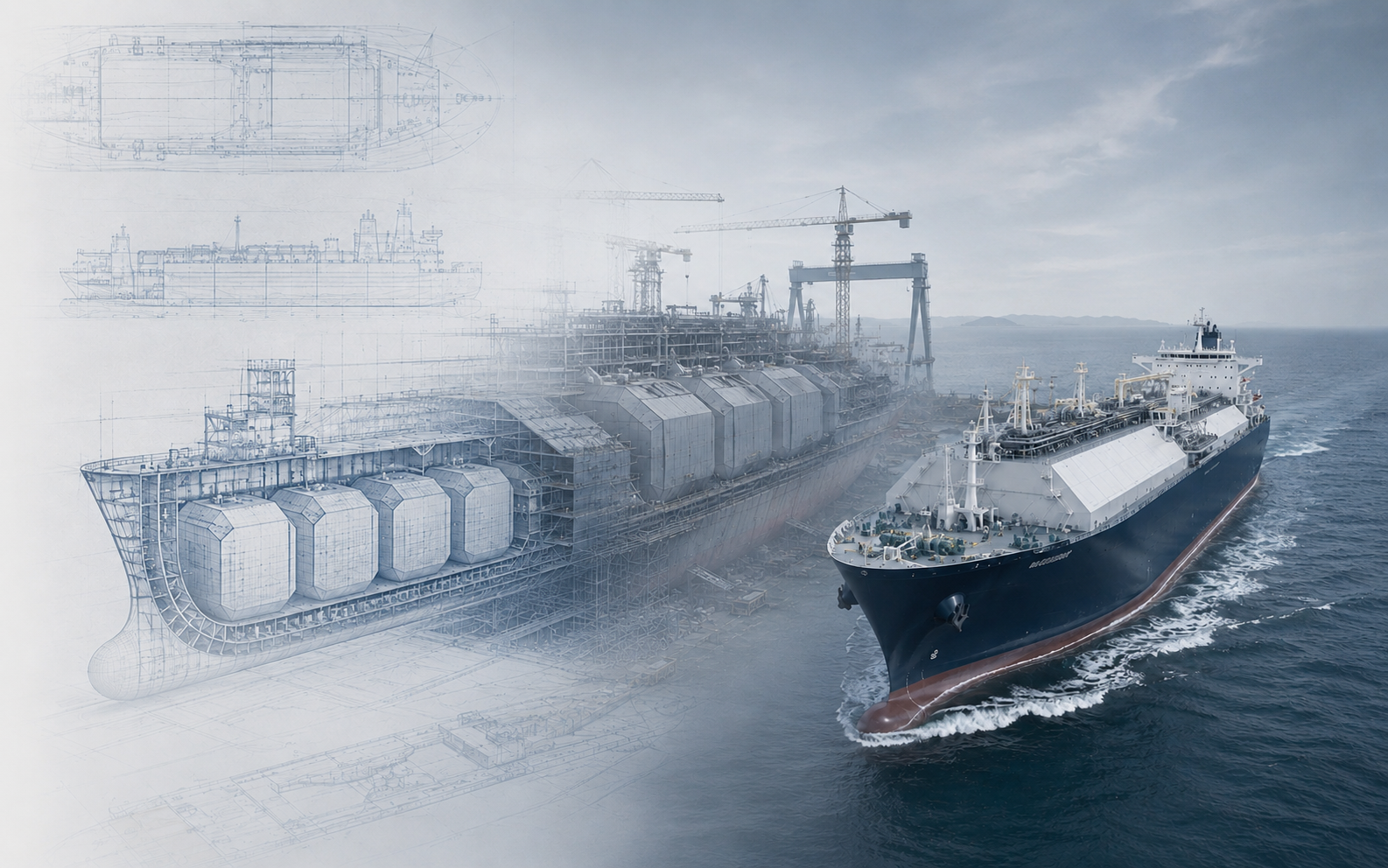 Membrane LNG carrier progressing from naval architecture drawings through construction to delivery