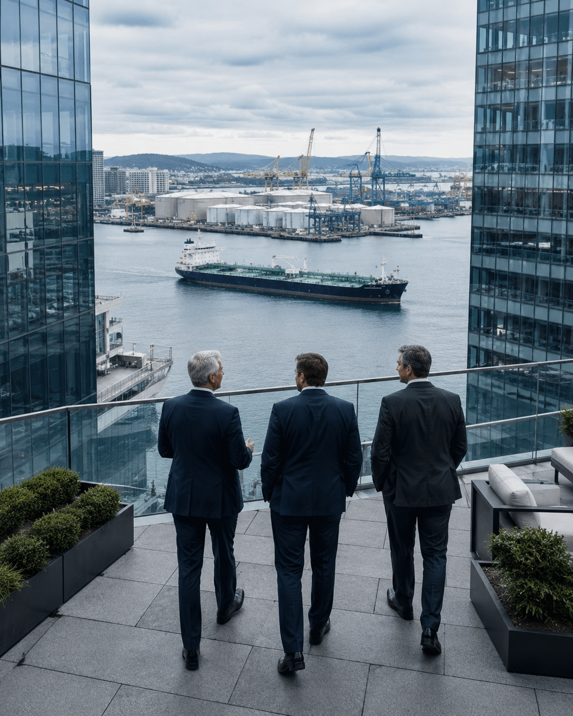 Maritime investors overlooking a product tanker from a waterfront financial district